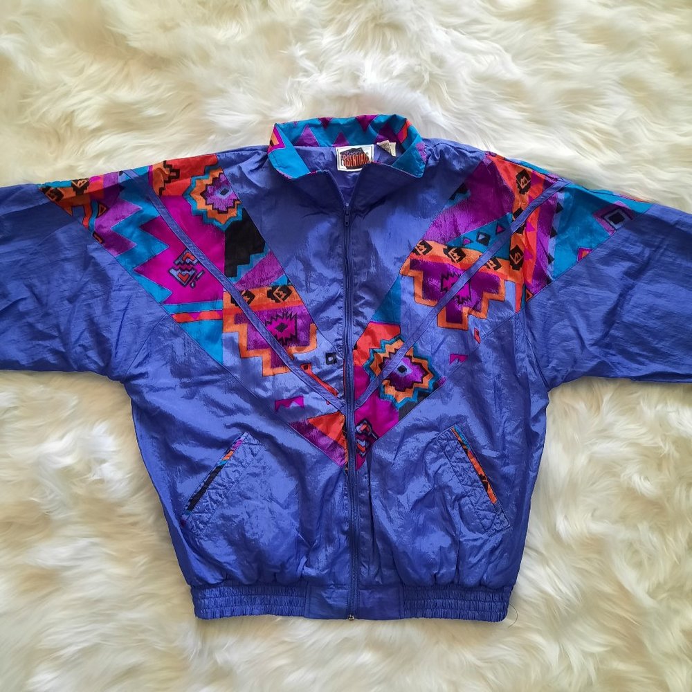 80's Vintage Windbreaker - Dark Periwinkle Blue with Colorful Geometric Design